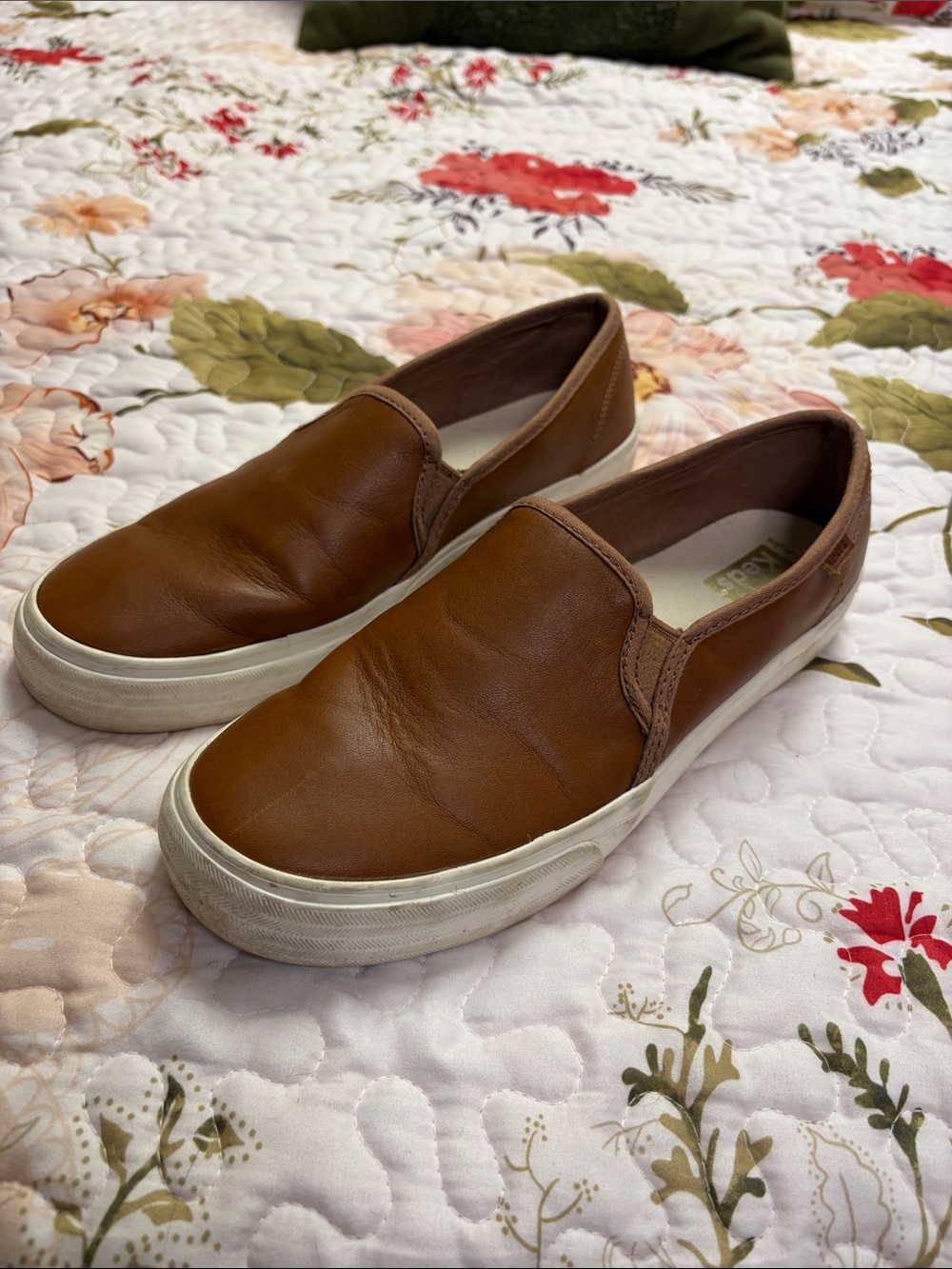 Keds Slip-On Double Decker Leather Loafers in Brown with White Sole